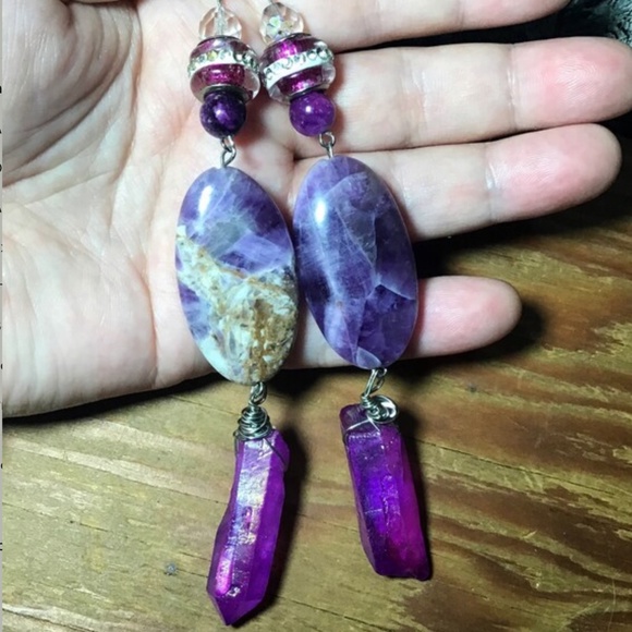 Real amethyst crystal quartz crystal handcrafted earrings, statement earrings - Picture 8 of 8